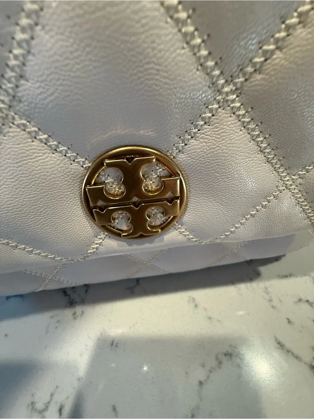 Tory Burch Cream Quilted Chain Crossbody Bag with Gold Hardware